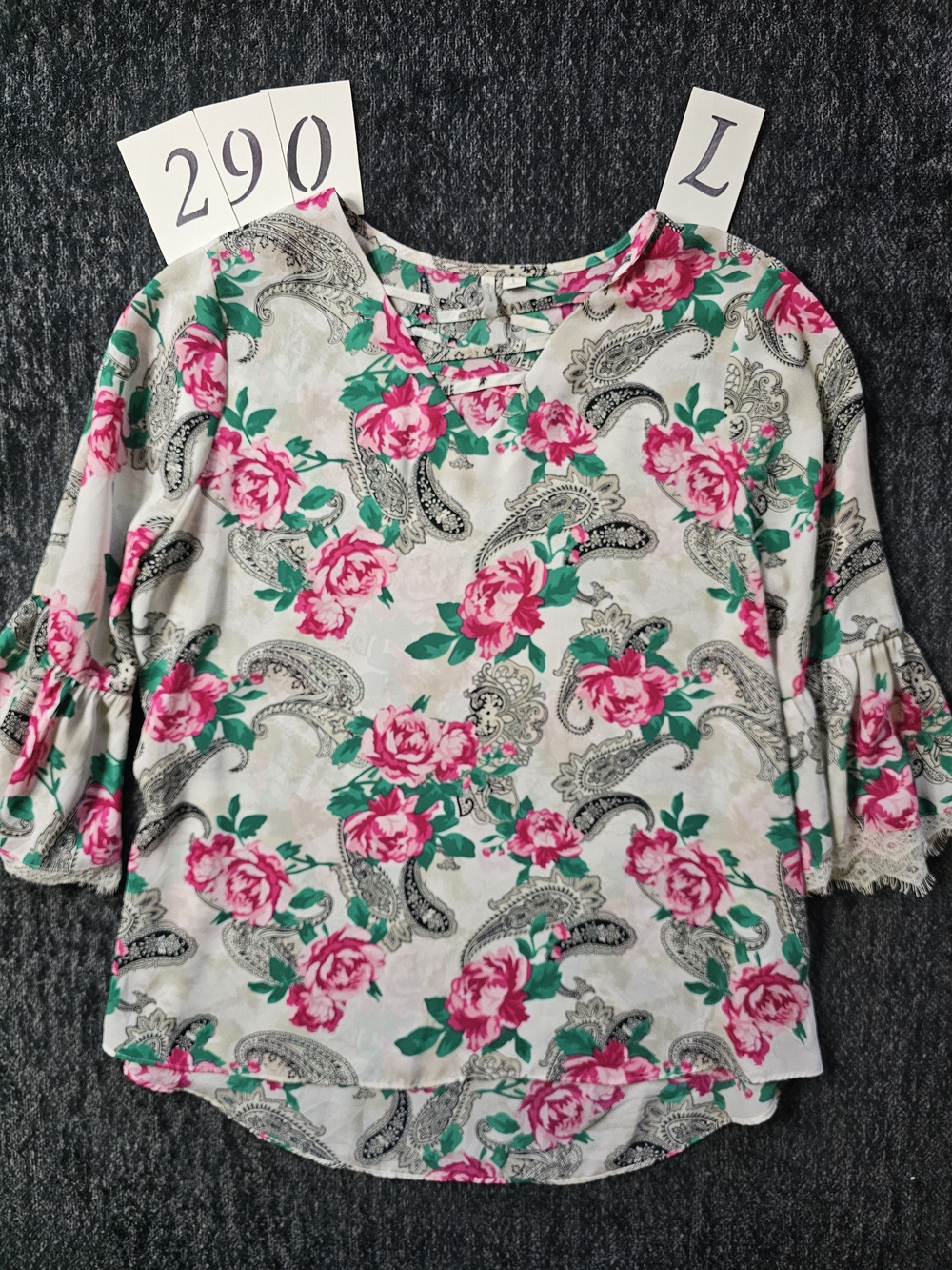 Women’s Floral Paisley V-Neck Tunic in White and Pink - L
